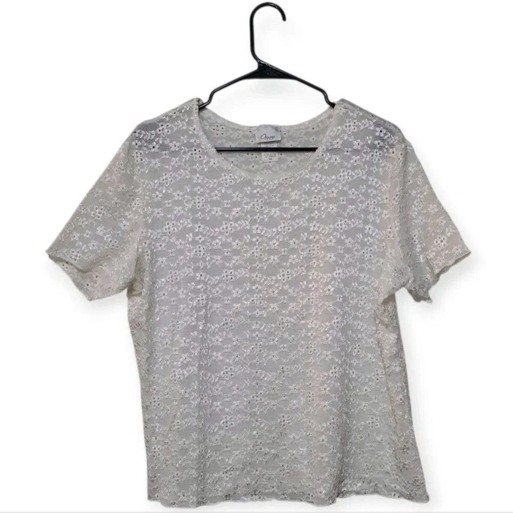 🦫 Orange U.S.A. White Vintage Eyelet Lace Semi-sheer Blouse Short Sleeve 2XL - Picture 2 of 5